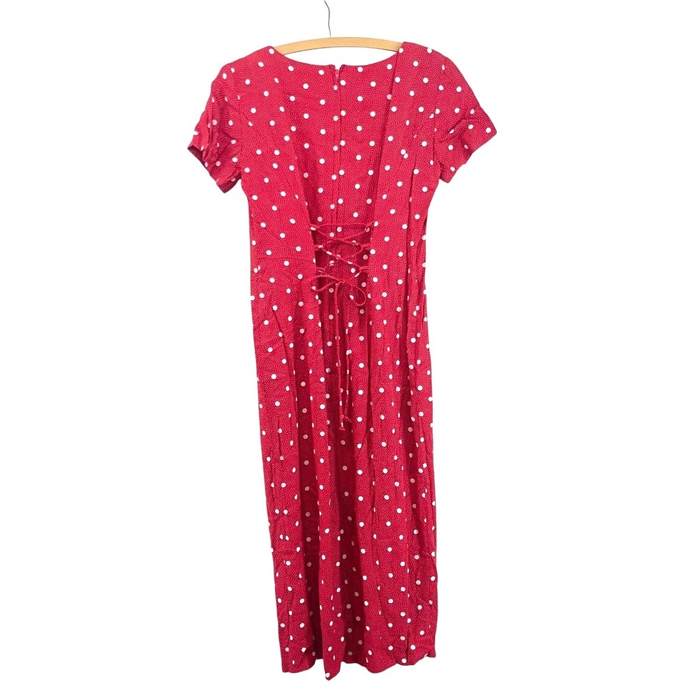 Vintage Polka Dot Midi Spring Wedding Guest Dress S/M Red Lace Up 80s 90s Pinup - Picture 2 of 9